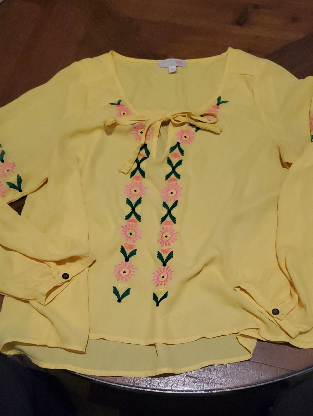 GB girls Yellow Floral Embroidered Tie-Front Blouse